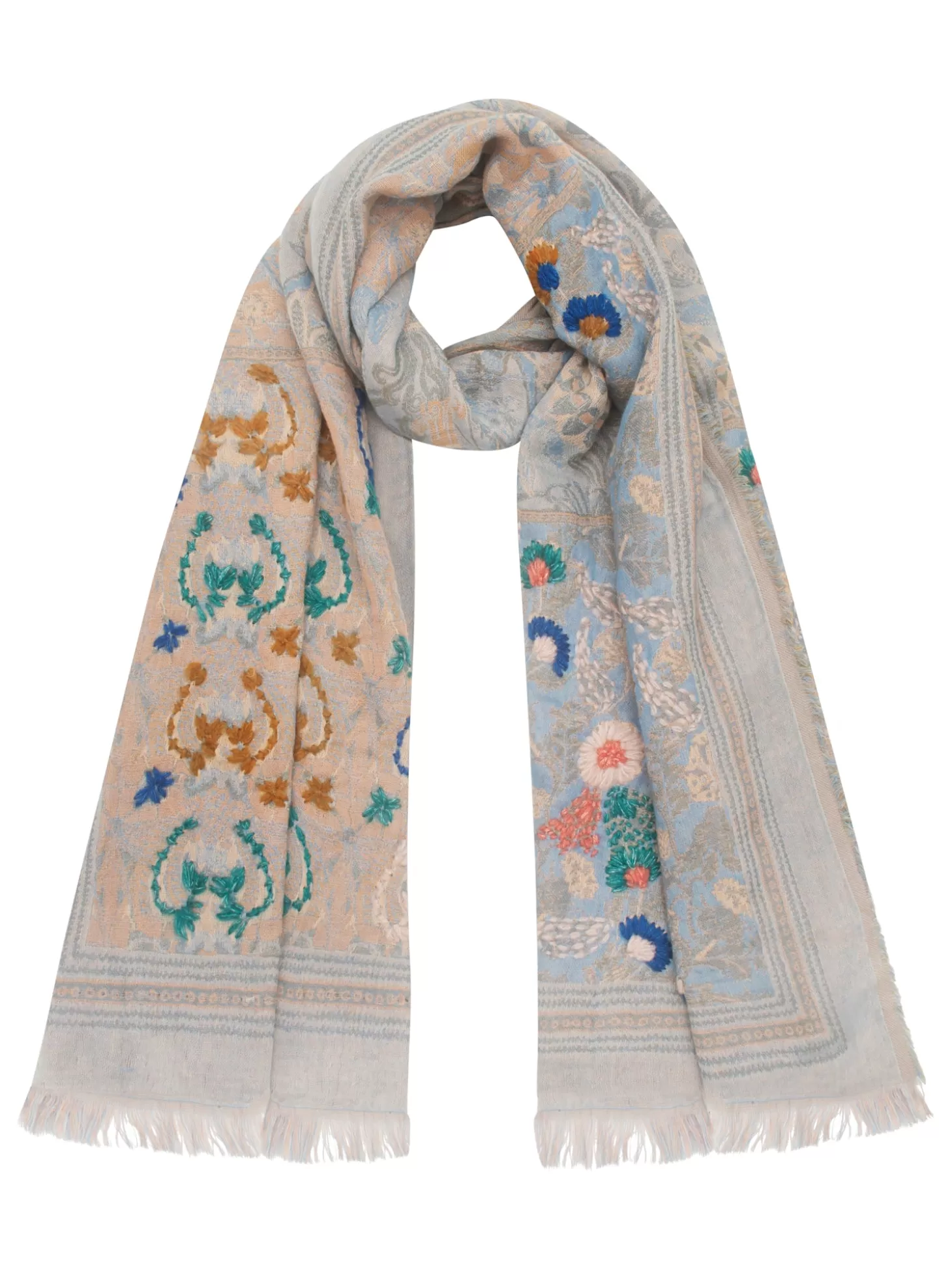 LEATHERSMITH EMBROIDERED SCARF BEIGE PALE BLUE Best