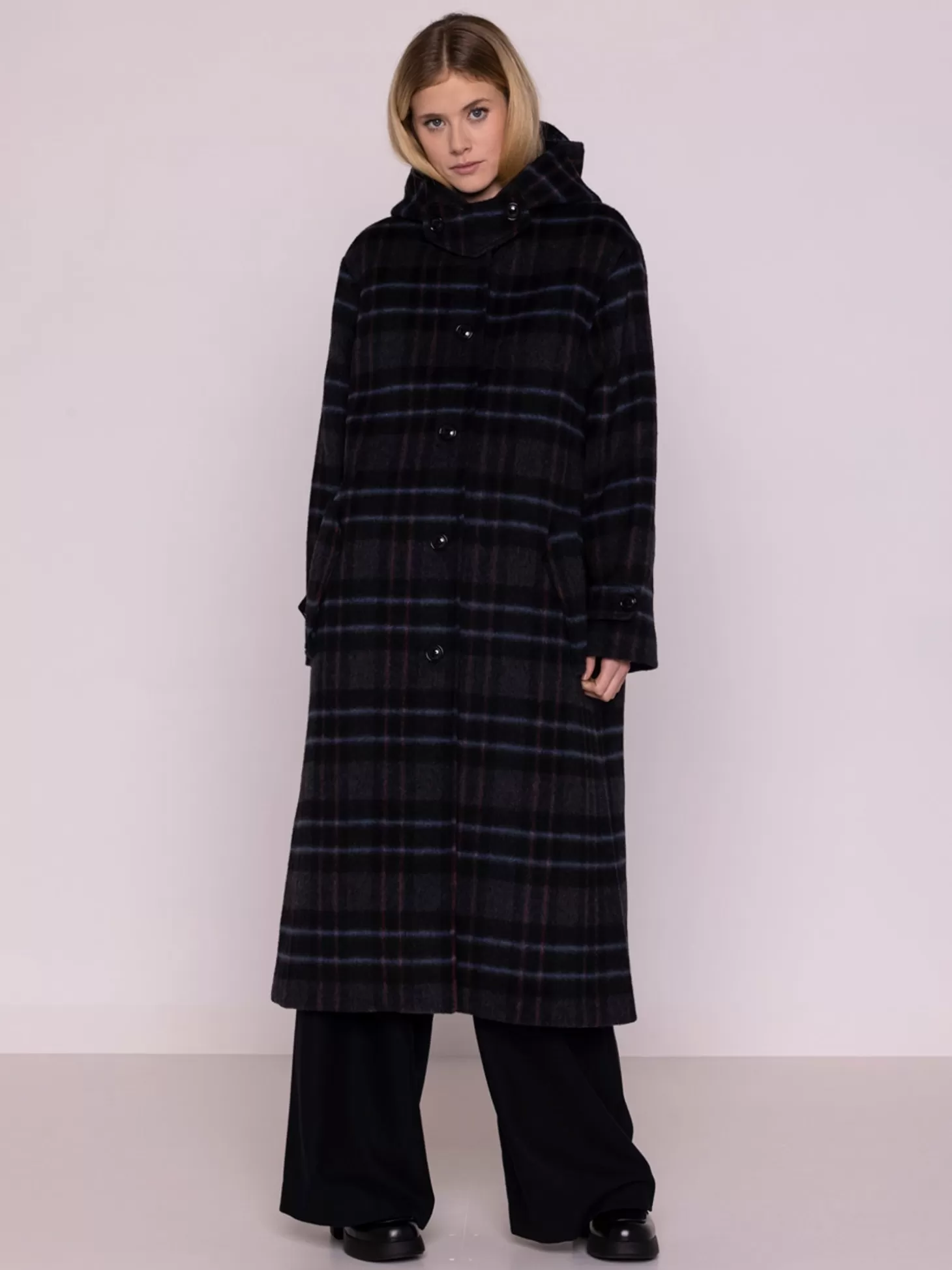 MAISON LENER HOODED WOOL COAT CHECK MULTI Cheap