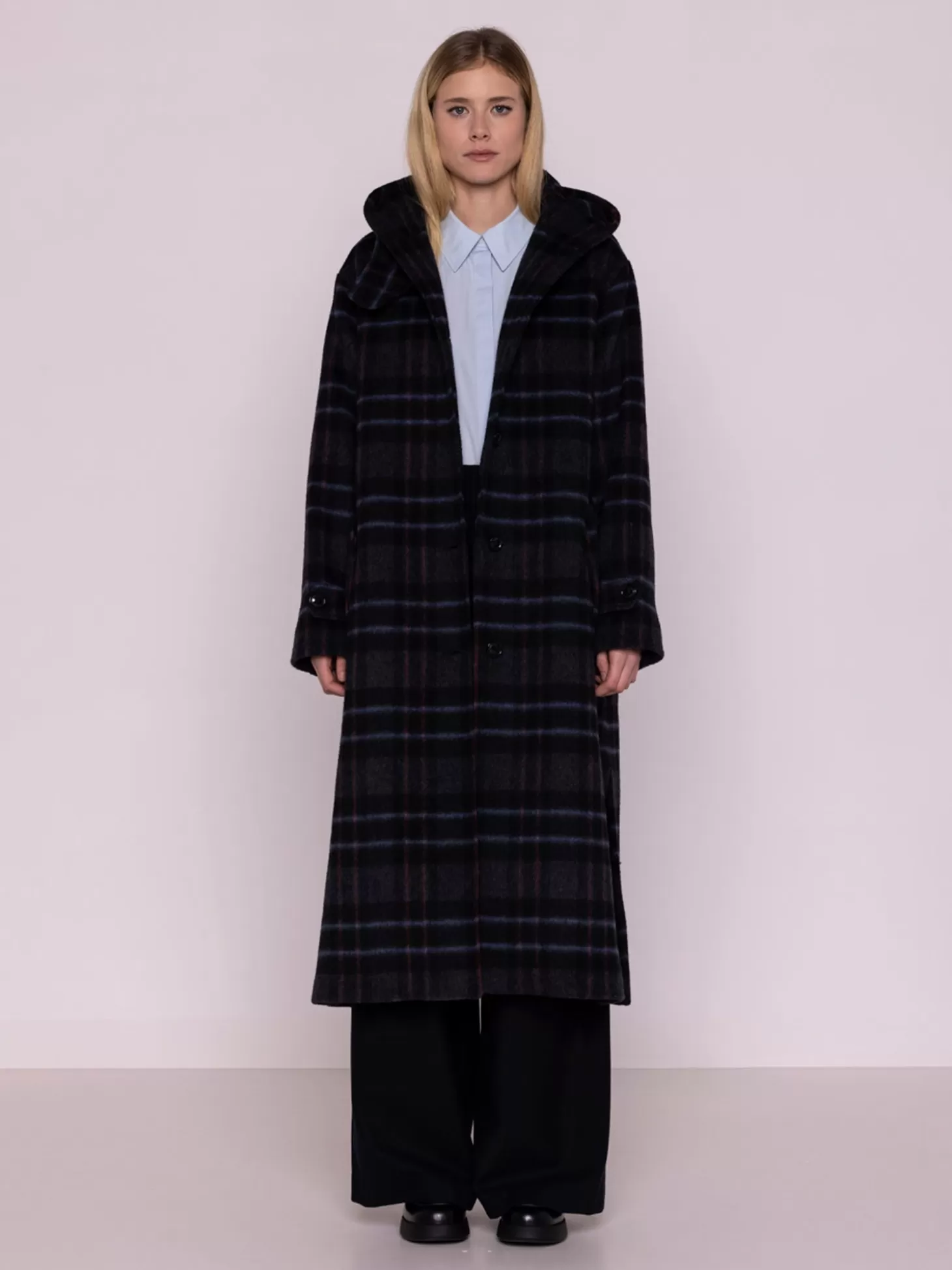 MAISON LENER HOODED WOOL COAT CHECK MULTI Cheap