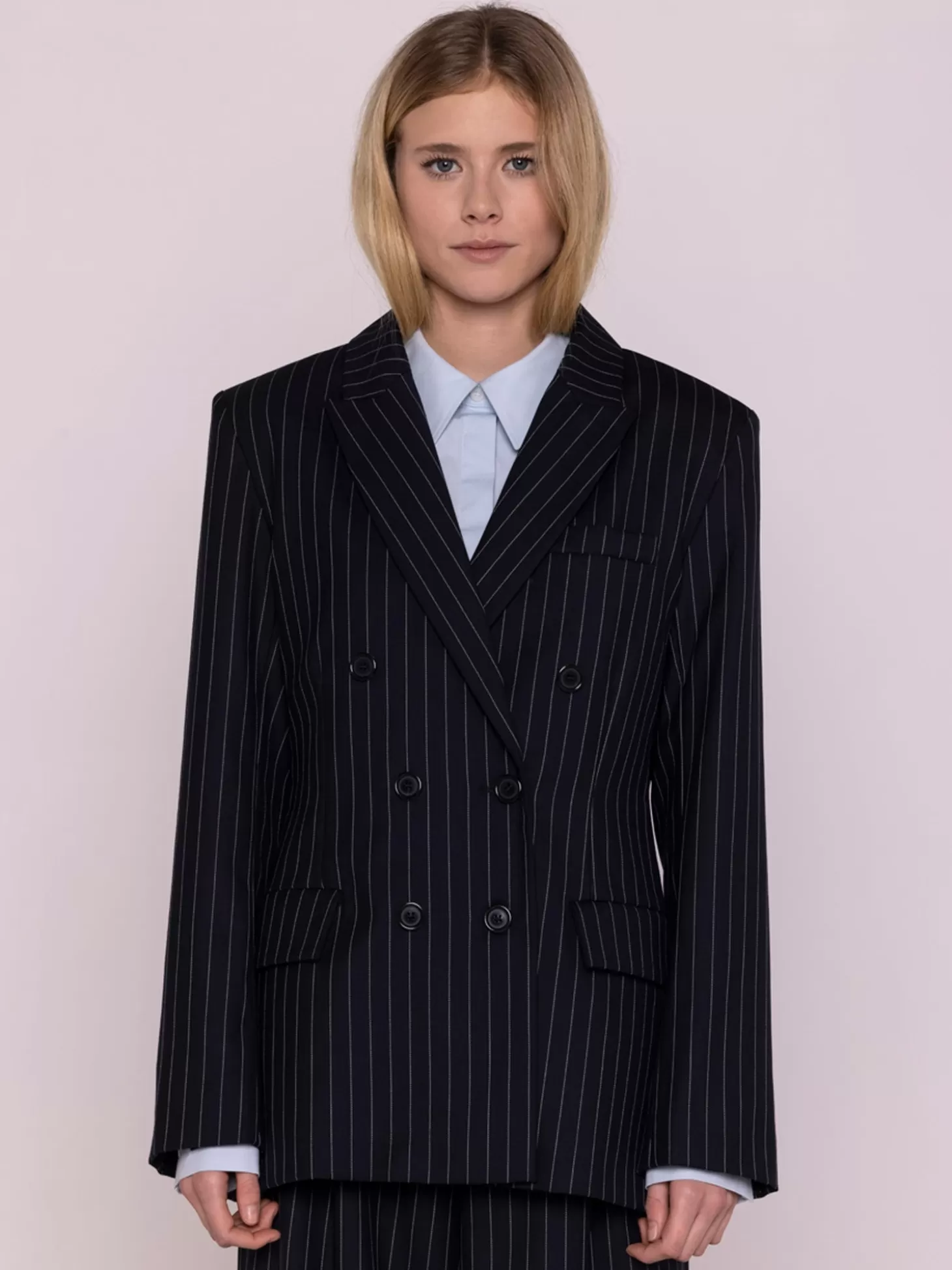 MAISON LENER PINSTRIPE WOOL BLAZER NAVY Hot