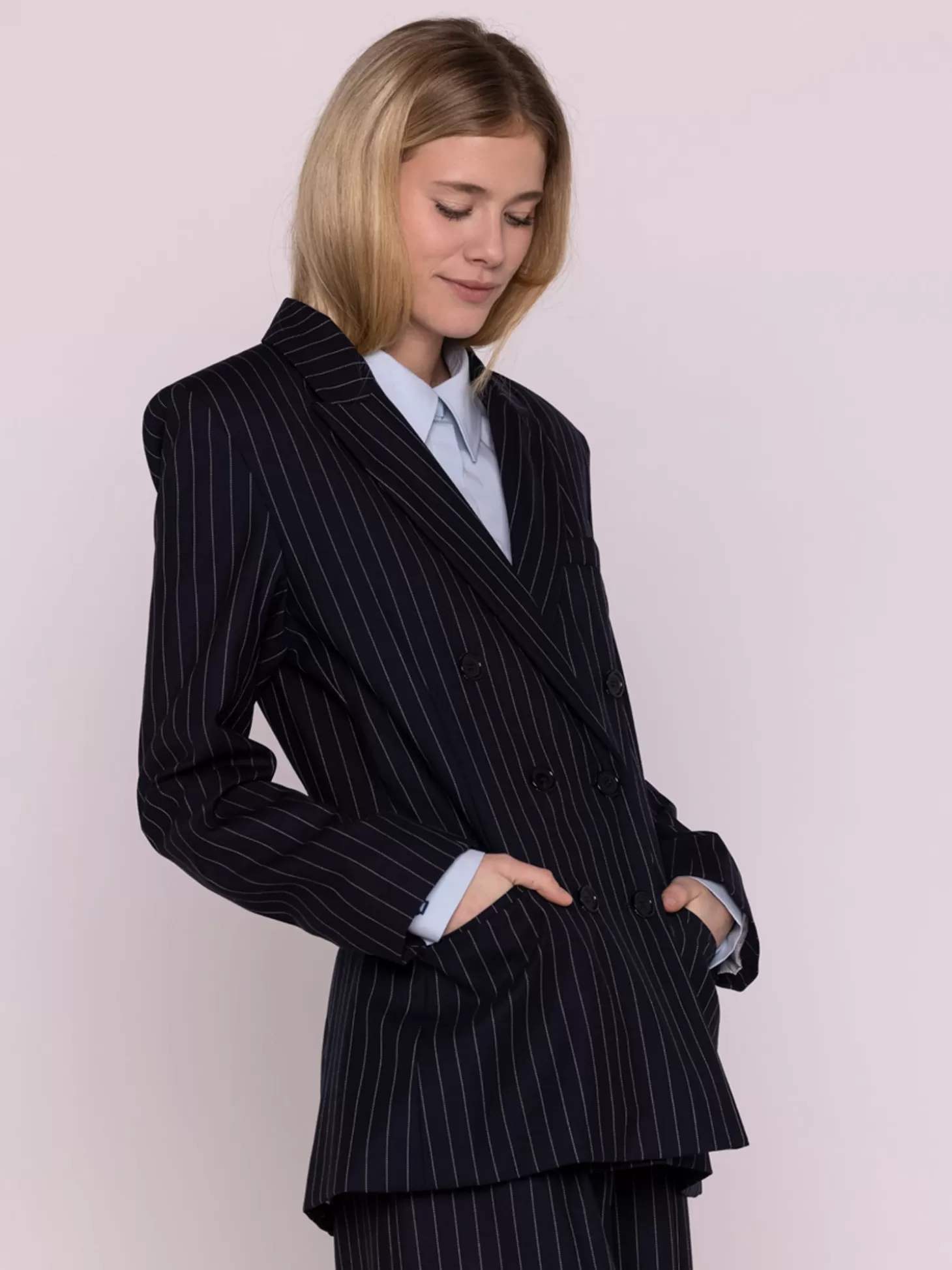 MAISON LENER PINSTRIPE WOOL BLAZER NAVY Hot