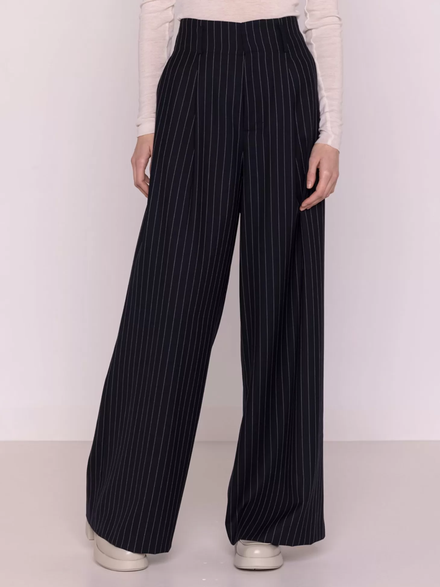 MAISON LENER PINTSTRIPE WOOL TROUSERS NAVY Outlet